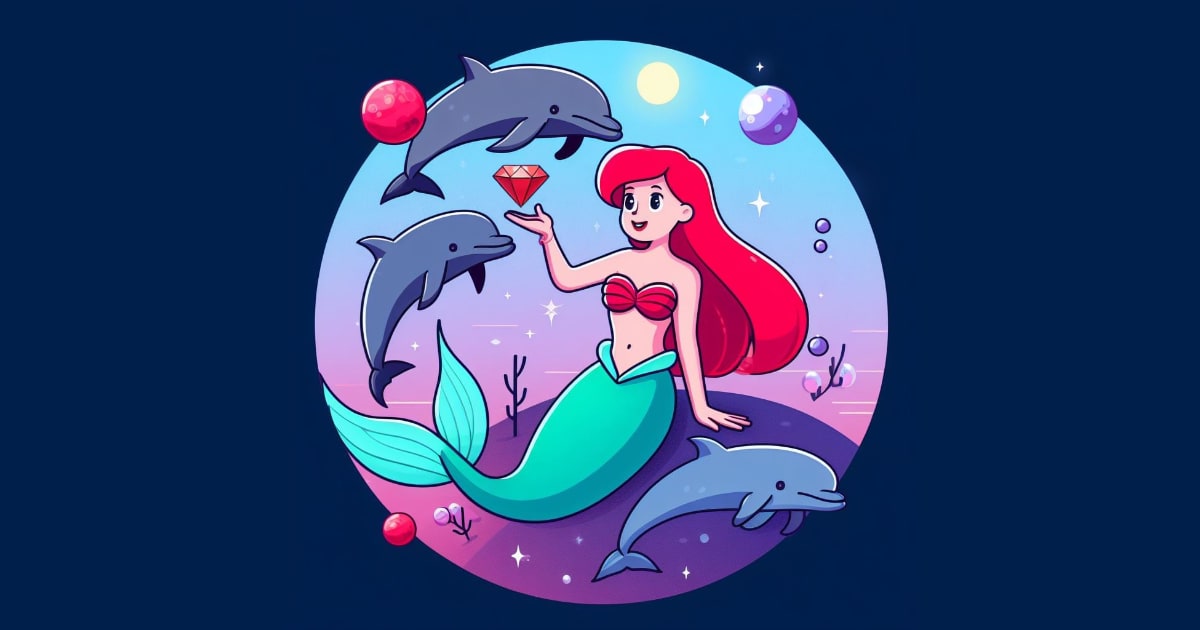 Ariel holding a ruby surrounded by MySQL dolphins